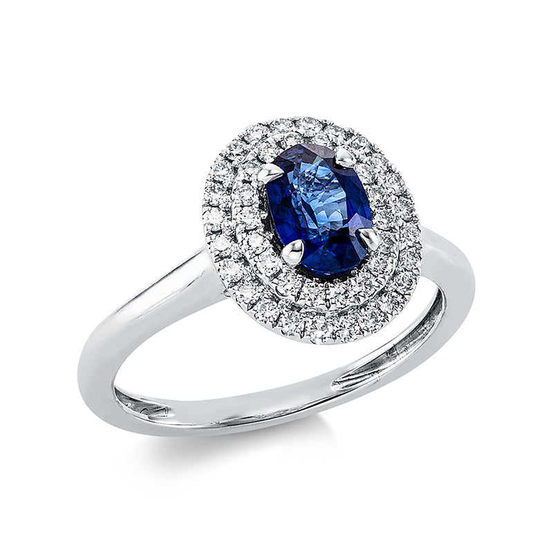 Ring 18 kt WG, 42 Brill. 0,30 ct, TW-si, 1 Saphir 0,97 ct blau