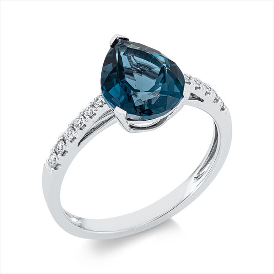 Ring 18 kt WG, 12 Brill. 0,14 ct, TW-si, 1 Topas 3,00 ct Lond. blue