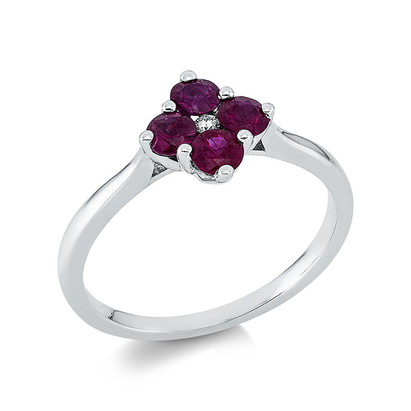 Ring 18 kt WG, 1 Brill. 0,02 ct, TW-si, 4 Rubine 0,59 ct rot