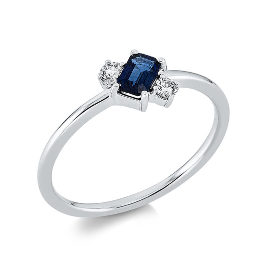 Ring 18 kt WG, 2 Brill. 0,08 ct, TW-pi, 1 Saphir 0,32 ct blau