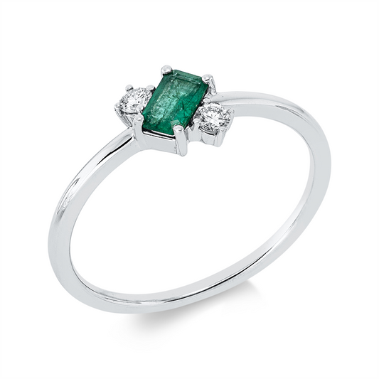 Ring 18 kt WG, 2 Brill. 0,08 ct, TW-pi, 1 Smaragd 0,24 ct grün