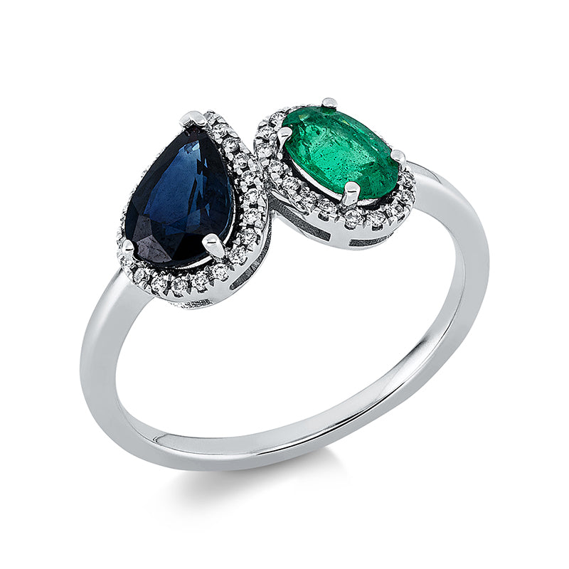 Ring 18 kt WG, 40 Brill. 0,09 ct, TW-pi, 1 Smaragd 0,40 ct grün, 1 Saphir 0,95 ct blau