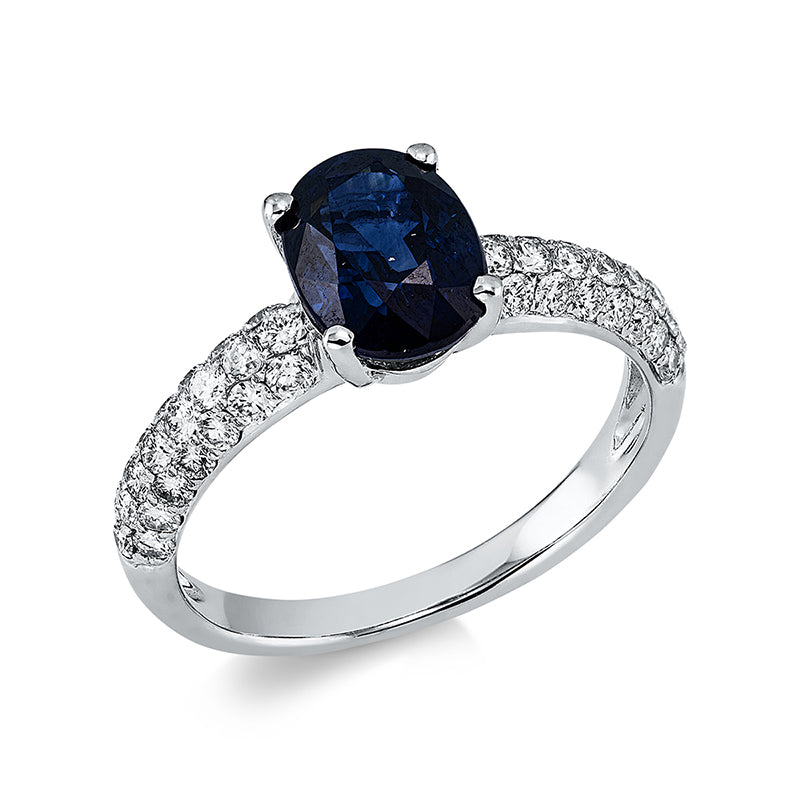 ABVERKAUF, Ring 18 kt WG, 17 Brill. 0,21 ct, TW-si, 27 Brill. 0,38 ct, TW-si, 1 Saphir 2,09 ct blau