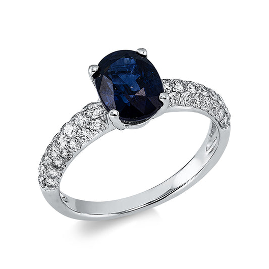 ABVERKAUF, Ring 18 kt WG, 17 Brill. 0,21 ct, TW-si, 27 Brill. 0,38 ct, TW-si, 1 Saphir 2,09 ct blau