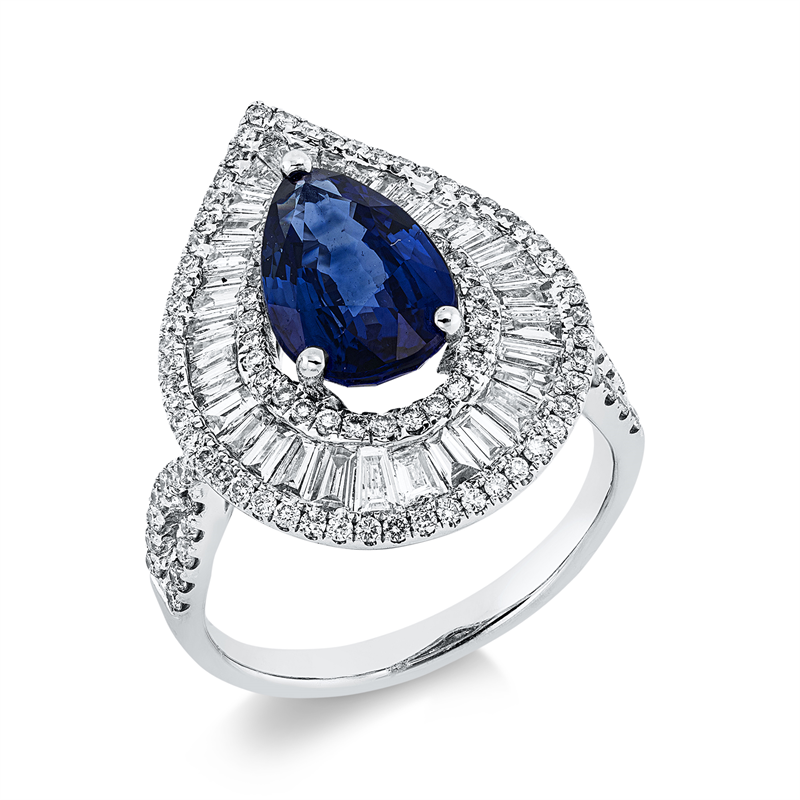Ring 18 kt WG, 35 Trap. 0,75 ct, TW-vsi/si, 120 Brill. 0,67 ct, TW-vsi/si, 1 Saphir 3,15 ct blau