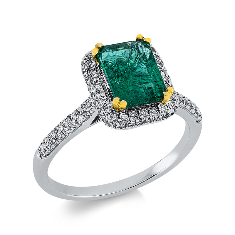 Ring 18 kt WG+GG, 104 Brill. 0,42 ct, W-pi, 1 Smaragd 1,43 ct grün
