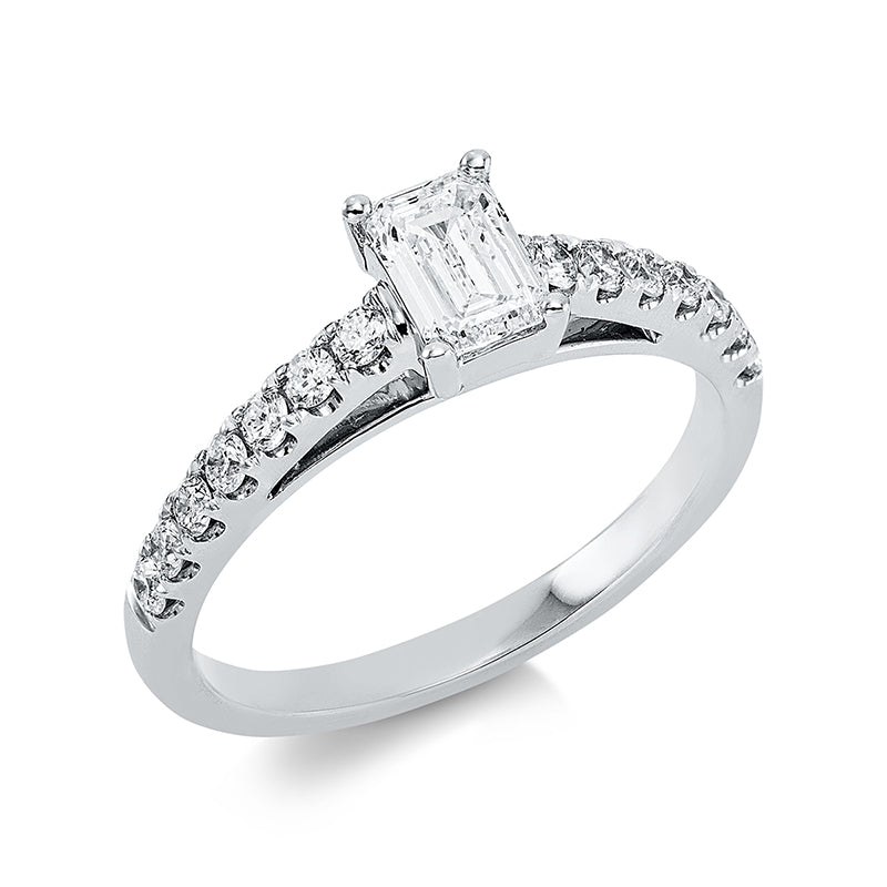 Ring 18 kt WG, 1 Sm.schliff 0,50 ct, TW-si, 14 Brill. 0,31 ct, TW-si