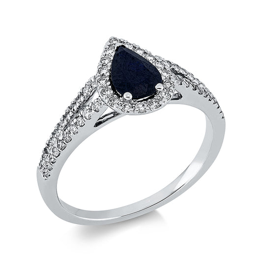 Ring 18 kt WG, 17 Brill. 0,14 ct, TW-si, 40 Brill. 0,20 ct, TW-si, 1 Saphir 0,82 ct blau