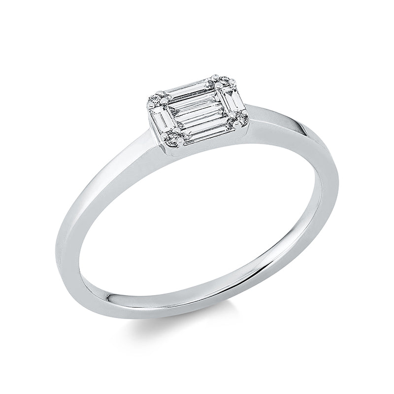 Ring 18 kt WG, 2 Bag. 0,04 ct, E-vsi, 4 Bag. 0,11 ct, E-vsi, 4 Brill. 0,01 ct, TW-si