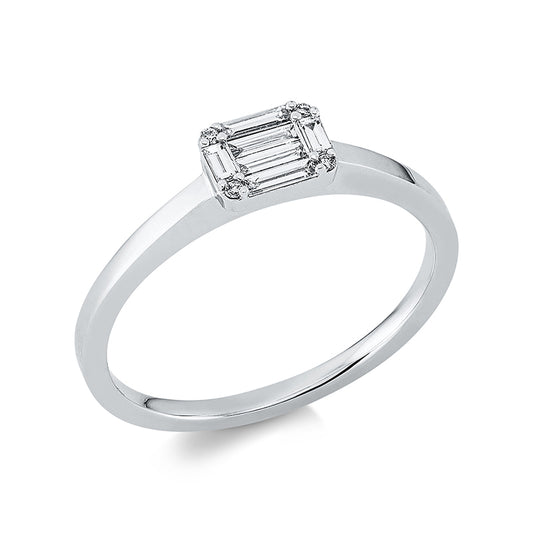 Ring 18 kt WG, 2 Bag. 0,04 ct, E-vsi, 4 Bag. 0,11 ct, E-vsi, 4 Brill. 0,01 ct, TW-si