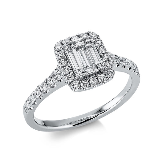 Ring 18 kt WG, 28 Brill. 0,36 ct, 2 Brill. 0,08 ct, 2 Bag.0,04 ct, E-vsi, 3 Bag.0,26 ct, E-vsi, 4 Brill. 0,03 ct