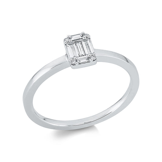 Ring 18 kt WG, 2 Bag. 0,04 ct, E-vsi, 3 Bag. 0,13 ct, E-vsi, 4 Brill. 0,02 ct, TW-si