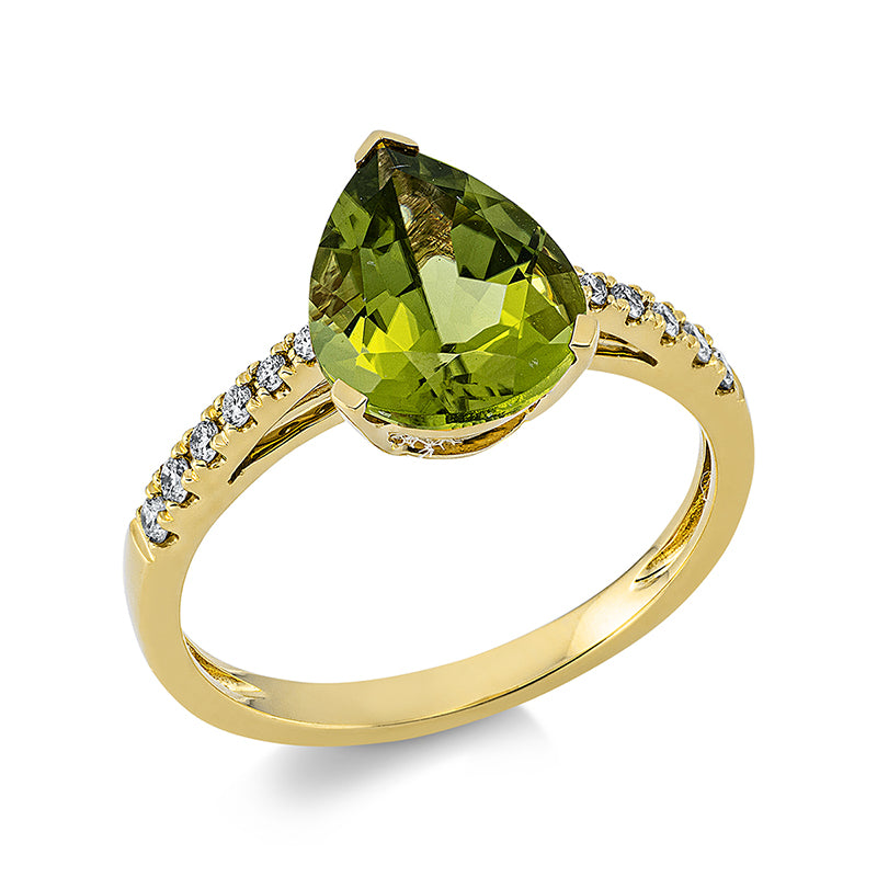 Ring 18 kt GG, 12 Brill. 0,14 ct, TW-si, 1 Peridot 2,70 ct grün