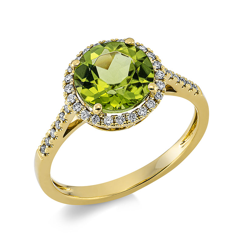 Ring 18 kt GG, 36 Brill. 0,19 ct, TW-si, 1 Peridot 2,40 ct grün