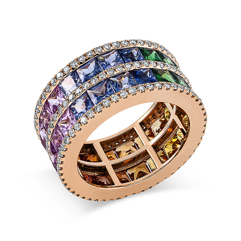 Ring 18 kt RG, 162 Brill. 1,17 ct, W-si, 42 Saphire 9,15 ct multicolor