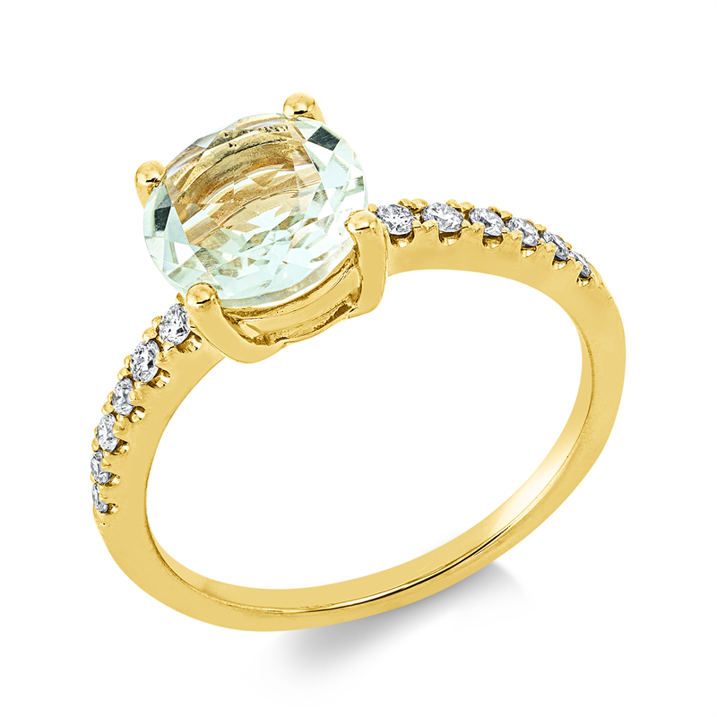 Ring 18 kt GG, 12 Brill. 0,19 ct, TW-si, 1 Amethyst 1,54 ct grün