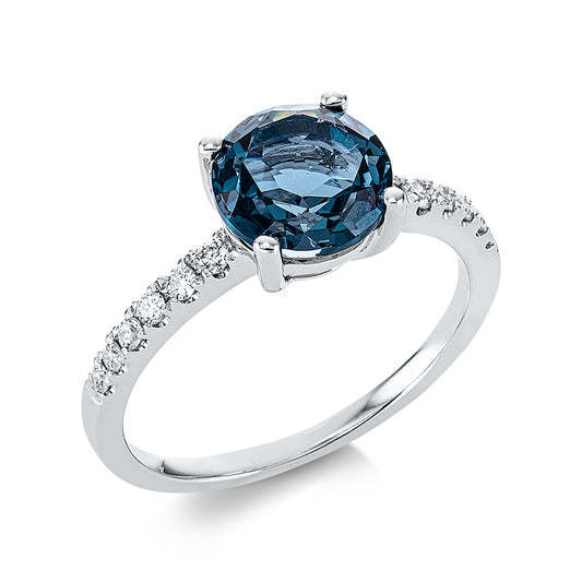 Ring 18 kt WG, 12 Brill. 0,20 ct, TW-si, 1 Topas 2,45 ct Lond. blue