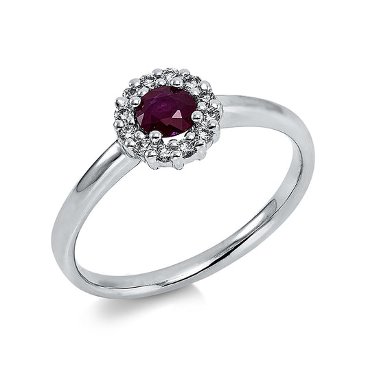 Ring 18 kt WG, 12 Brill. 0,13 ct, TW-si, 1 Rubin 0,28 ct rot