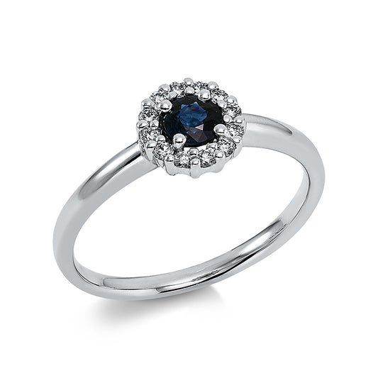 Ring 18 kt WG, 12 Brill. 0,13 ct, TW-si, 1 Saphir 0,36 ct blau