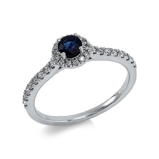 Ring 18 kt WG, 30 Brill. 0,23 ct, TW-si, 1 Saphir 0,30 ct blau