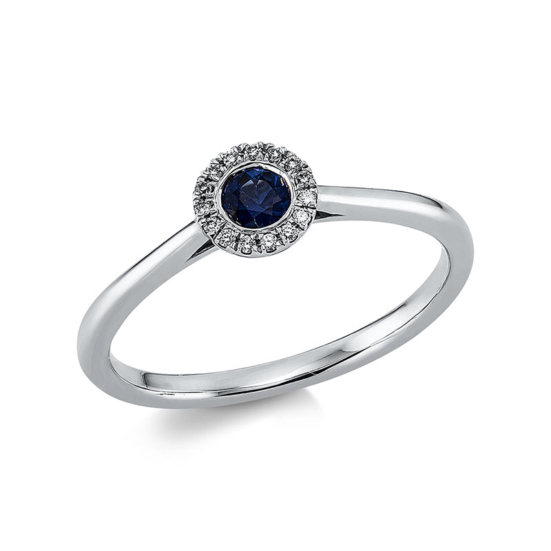 Ring 18 kt WG, 15 Brill. 0,04 ct, TW-si, 1 Saphir 0,18 ct blau