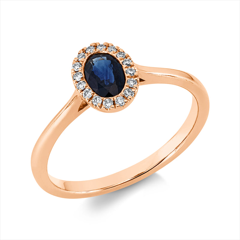 Ring 18 kt RG, 16 Brill. 0,07 ct, TW-si, 1 Saphir 0,53 ct blau
