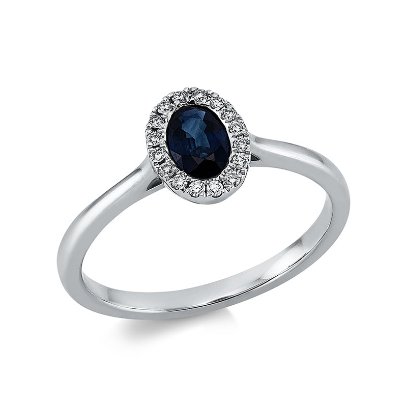 Ring 18 kt WG, 16 Brill. 0,07 ct, TW-si, 1 Saphir 0,50 ct blau