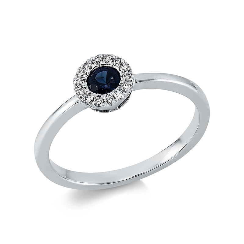 Ring 18 kt WG, 14 Brill. 0,08 ct, TW-si, 1 Saphir 0,28 ct blau