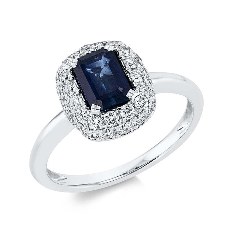 Ring 18 kt WG, 36 Brill. 0,55 ct, TW-si, 1 Saphir 1,00 ct blau