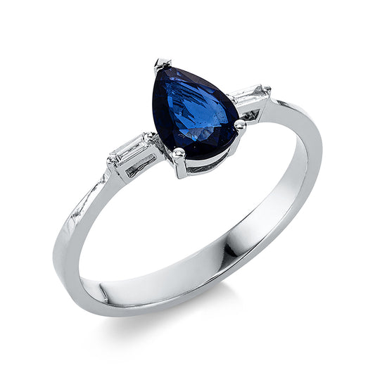 Ring 14 kt WG, 2 Bag. 0,04 ct, F-vsi, 1 Saphir 0,68 ct blau