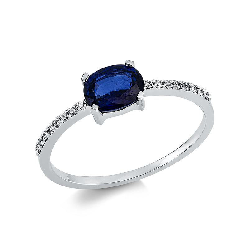 Ring 14 kt WG, 16 Brill. 0,07 ct, F-si, 1 Saphir 0,78 ct blau