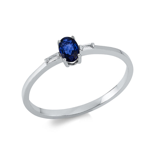 Ring 14 kt WG, 2 Bag. 0,03 ct, F-vsi, 1 Saphir 0,31 ct blau