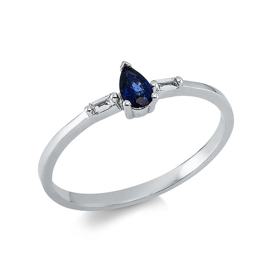 Ring 14 kt WG, 2 Bag. 0,04 ct, F-vsi, 1 Saphir 0,21 ct blau