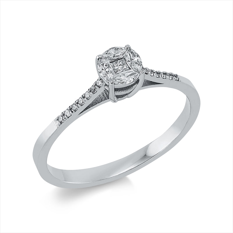 Ring 14 kt WG, 4 Nav. 0,09 ct, F-vsi, 1 Princ. 0,02 ct, F-vsi, 14 Brill. 0,04 ct, F-si