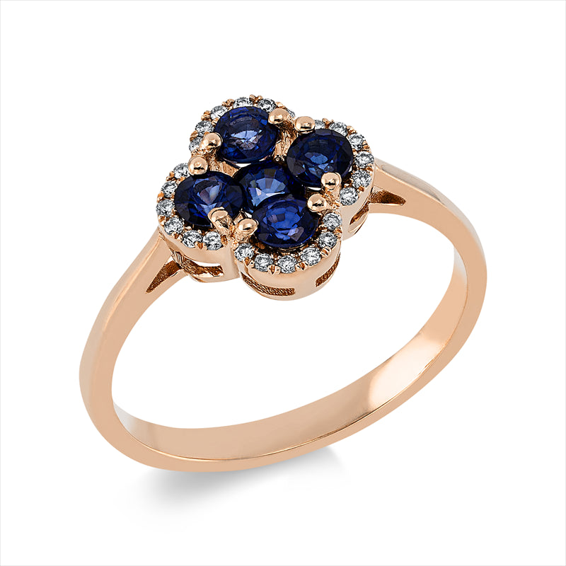 Ring 14 kt RG, 24 Brill. 0,07 ct, F-si, 5 Saphire 0,77 ct blau