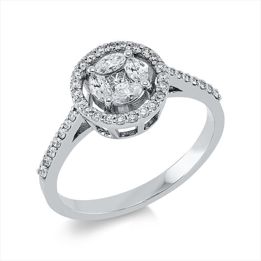 Ring 14 kt WG, 4 Nav. 0,20 ct, F-vsi, 1 Princ. 0,04 ct, F-vsi, 33 Brill. 0,21 ct, F-si