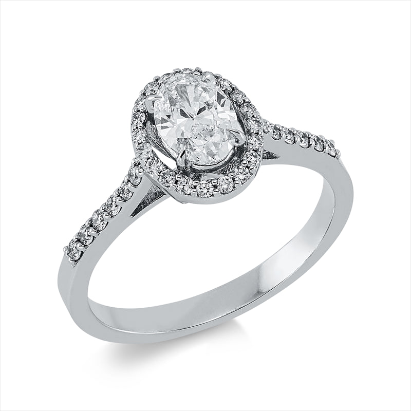 Ring 14 kt WG, HRD 230000093292, 1 Oval 0,51 ct, E-si1, 32 Brill. 0,21 ct, F-si