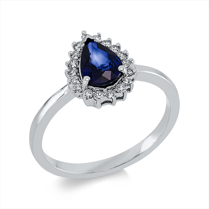 Ring 14 kt WG, 18 Brill. 0,15 ct, F-si, 1 Saphir 0,70 ct blau