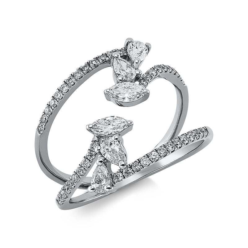 Ring 18 kt WG, 4 Tropfen 0,26 ct, TW-si, 2 Nav. 0,21 ct, TW-si, 46 Brill. 0,23 ct, TW-si
