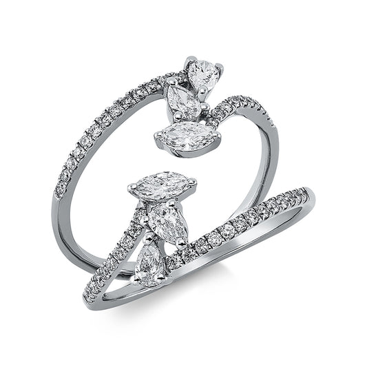 Ring 18 kt WG, 4 Tropfen 0,26 ct, TW-si, 2 Nav. 0,21 ct, TW-si, 46 Brill. 0,23 ct, TW-si