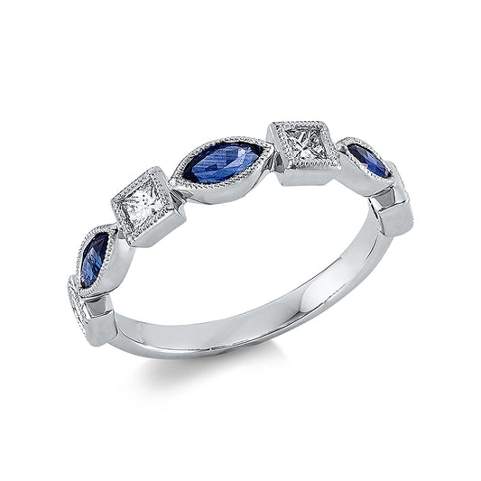 Ring 18 kt WG, 4 Princ. 0,33 ct, TW-si, 3 Saphire 0,47 ct blau