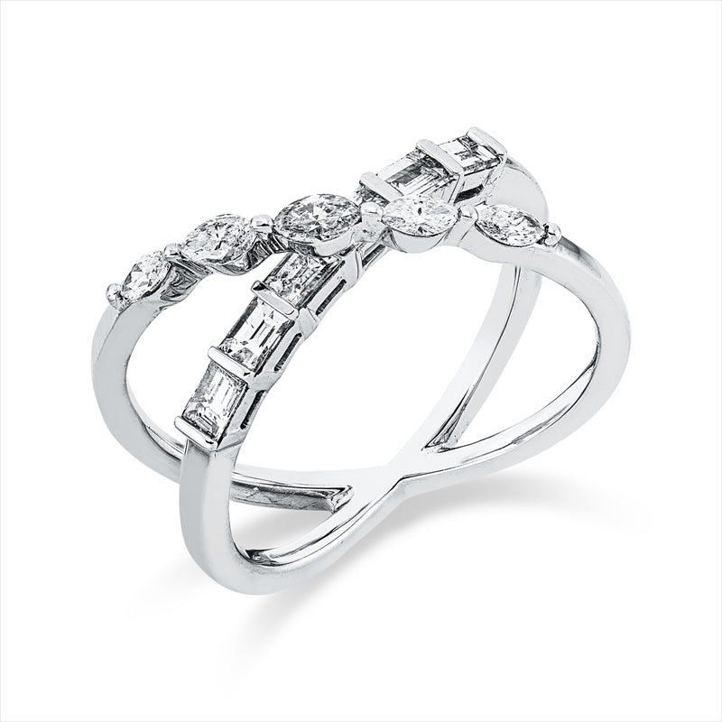 Ring 18 kt WG, 6 Bag. 0,42 ct, TW-si, 5 Nav. 0,33 ct, TW-si