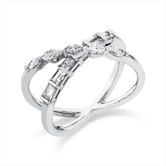 Ring 18 kt WG, 6 Bag. 0,42 ct, TW-si, 5 Nav. 0,33 ct, TW-si