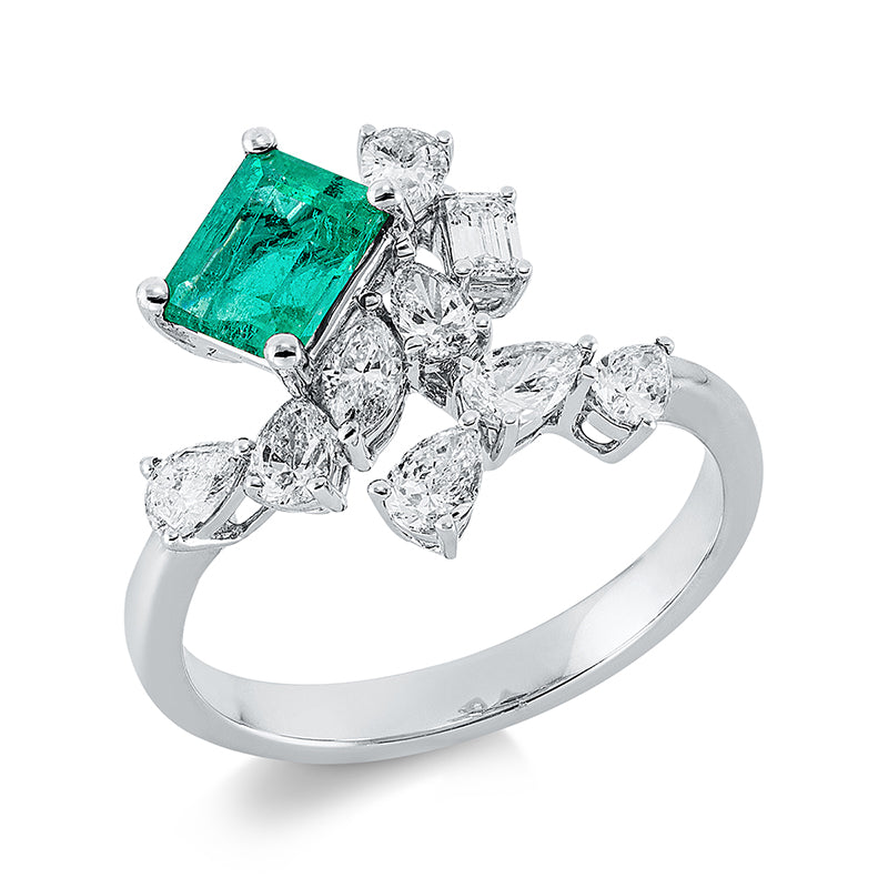 Ring 18 kt WG, 1 Sm.schliff 0,09 ct, TW-si, 8 Fant-Schl. 0,77 ct, TW-si, 1 Smaragd 0,80 ct grün
