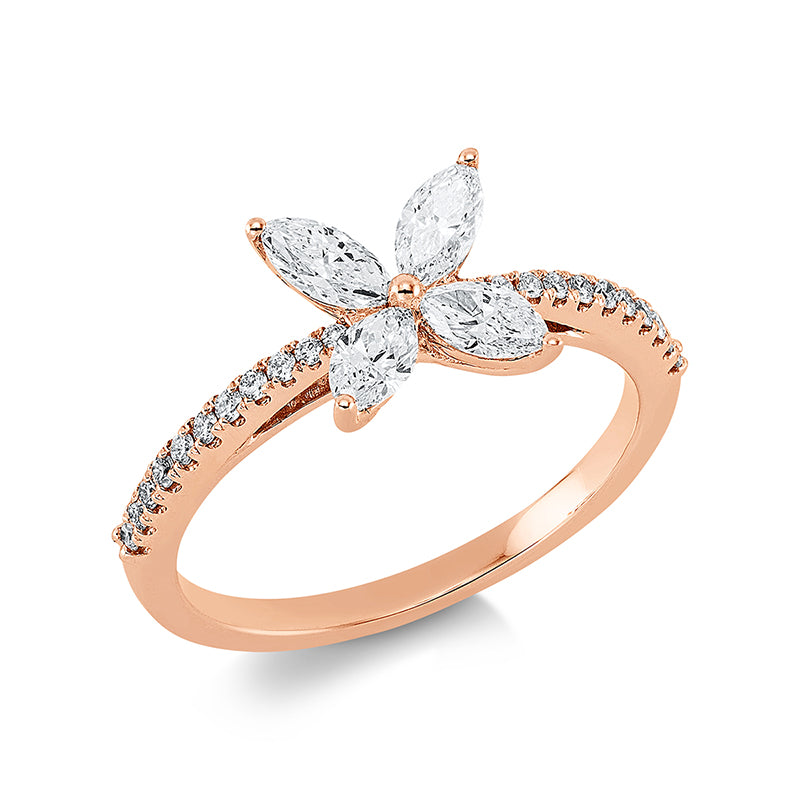 Ring 18 kt RG, 4 Nav. 0,46 ct, TW-vsi, 22 Brill. 0,12 ct, TW-si