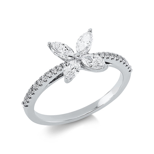 Ring 18 kt WG, 4 Nav. 0,49 ct, TW-vsi, 22 Brill. 0,13 ct, TW-si