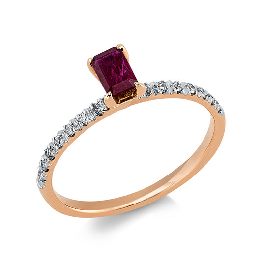 Ring 18 kt RG, Fassung rhodiniert, 14 Brill. 0,18 ct, F-si, 1 Rubin 0,27 ct rot