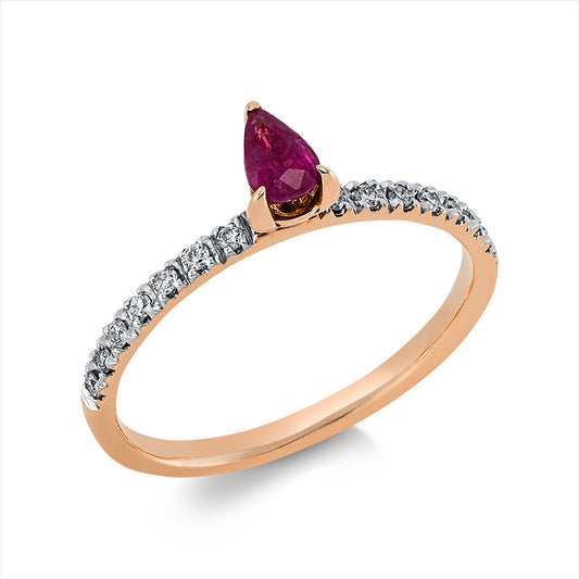 Ring 18 kt RG, Fassung rhodiniert, 14 Brill. 0,18 ct, F-si, 1 Rubin 0,47 ct rot