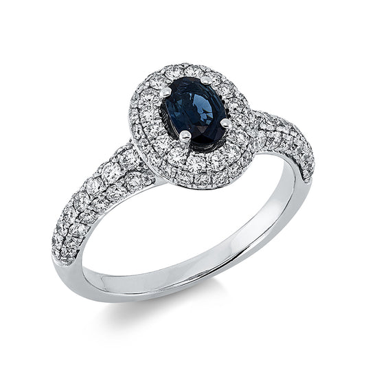 Ring 18 kt WG, 82 Brill. 0,88 ct, TW-si, 1 Saphir 0,59 ct blau