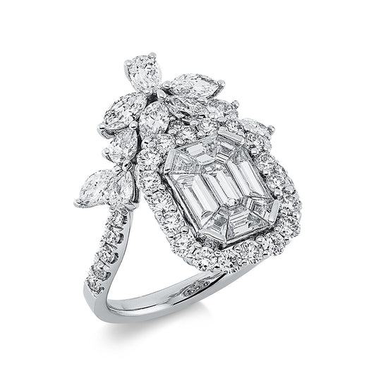 Ring 18 kt WG, 5 Tropfen 0,39 ct,4 Nav. 0,40 ct, 2 Nav.0,23 ct, 9 Trap. 0,89 ct,29 Brill. 0,82 ct, TW-si